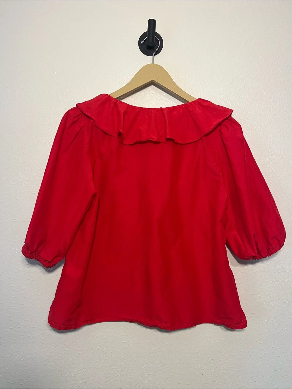 Tomato Red Madewell Silk Cotton Ruffle Collar Puff Sleeve Blouse Top Size M
